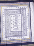 Kota fancy fancy saree white & blue color allover prints & zari border with printed pallu and printed blouse