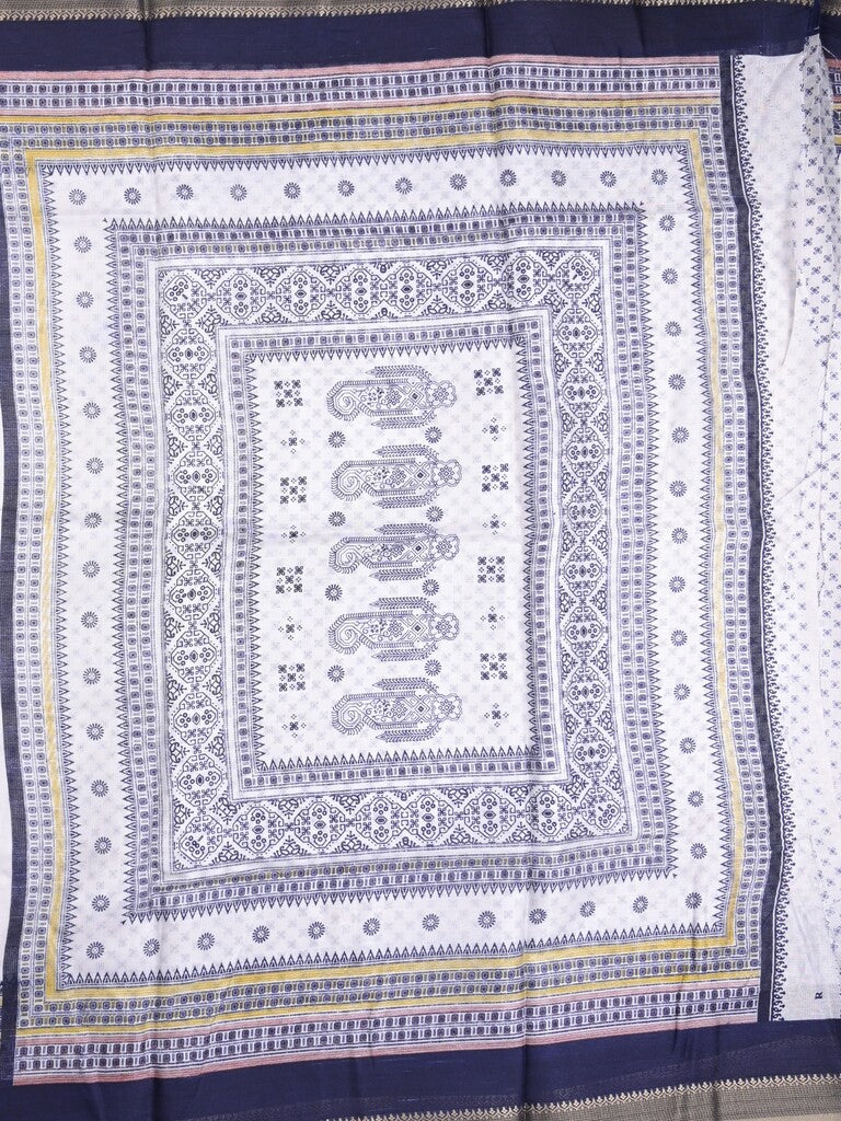 Kota fancy fancy saree white & blue color allover prints & zari border with printed pallu and printed blouse