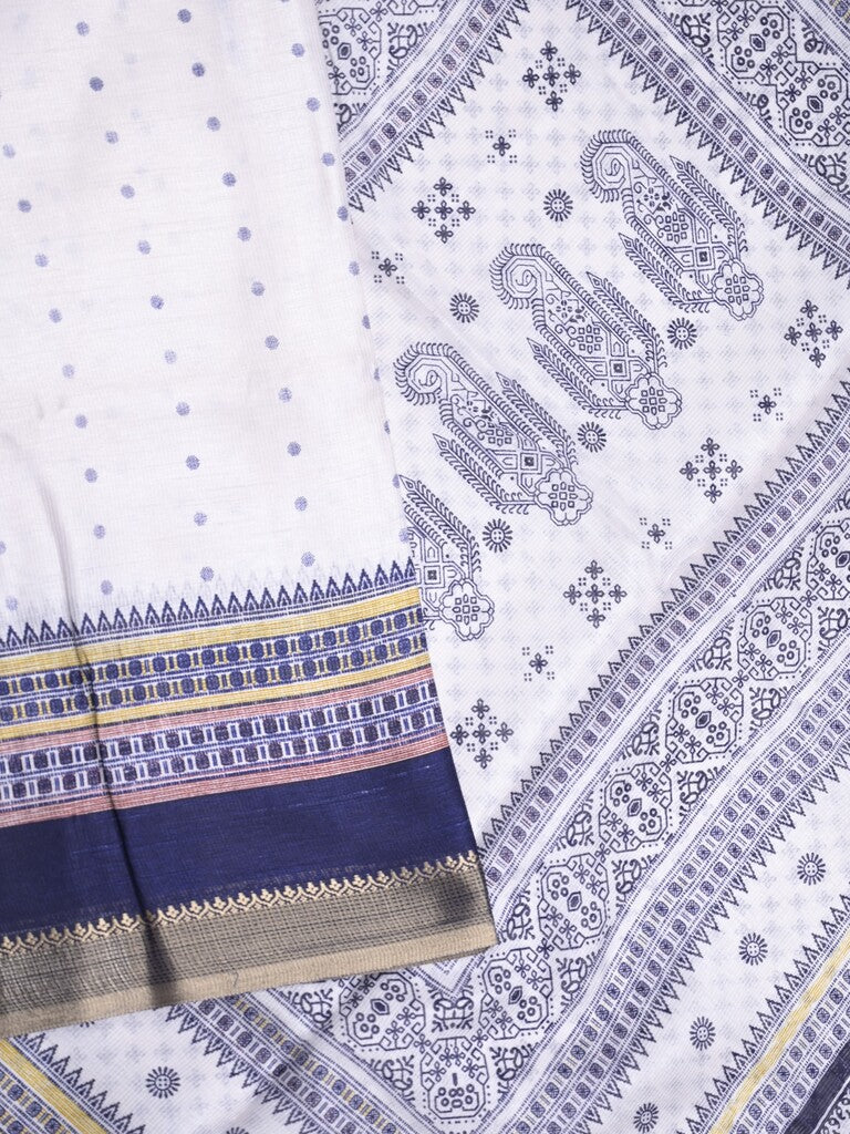 Kota fancy fancy saree white & blue color allover prints & zari border with printed pallu and printed blouse