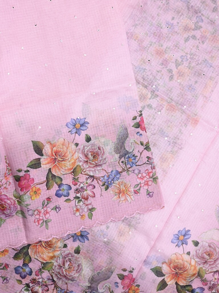 Silk kota fancy saree baby pink color allover mirror work & sequence cutwork border with running pallu and printed blouse