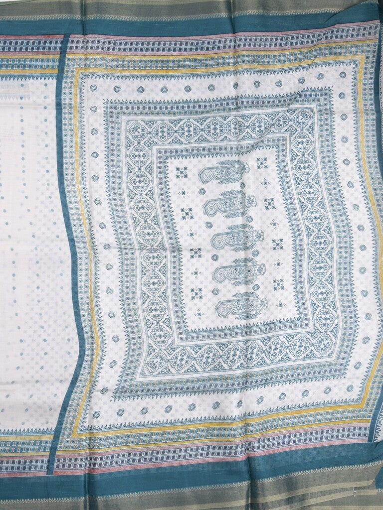 Kota fancy fancy saree white & sky blue color allover prints & zari border with printed pallu and printed blouse