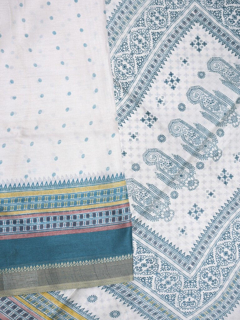 Kota fancy fancy saree white & sky blue color allover prints & zari border with printed pallu and printed blouse