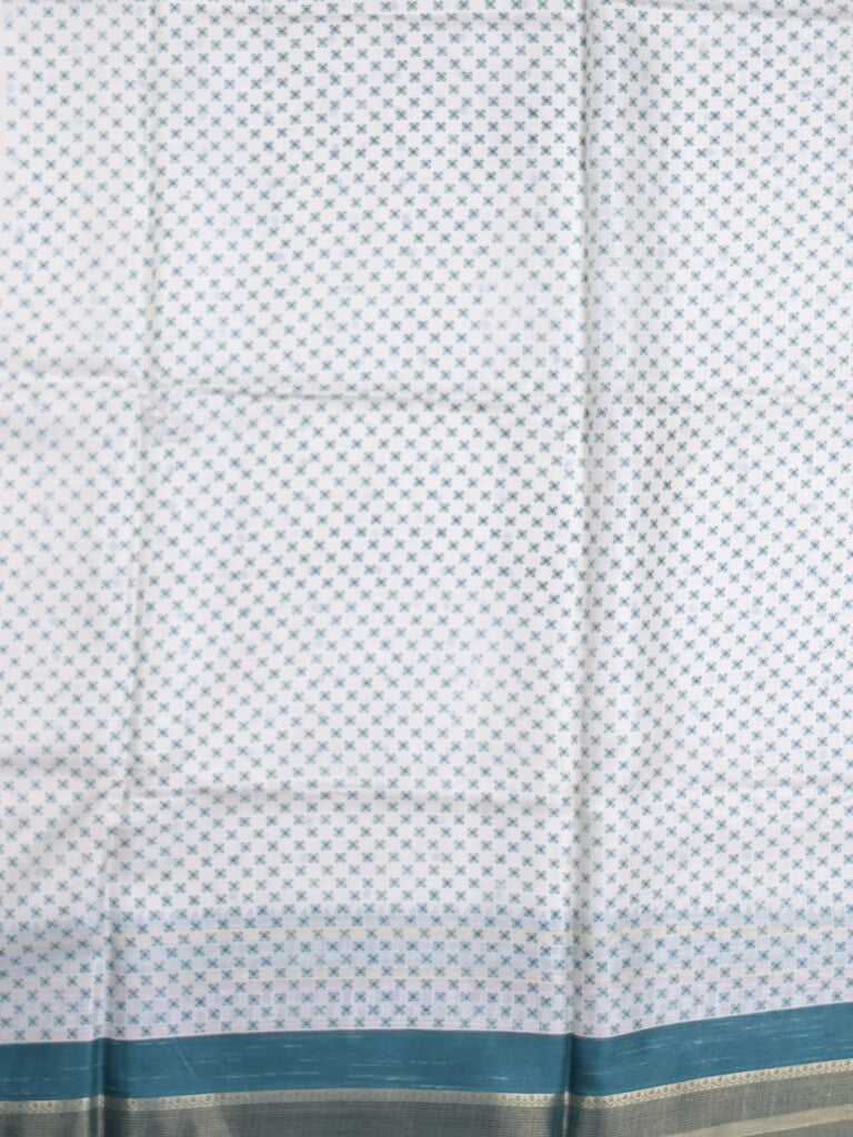 Kota fancy fancy saree white & sky blue color allover prints & zari border with printed pallu and printed blouse