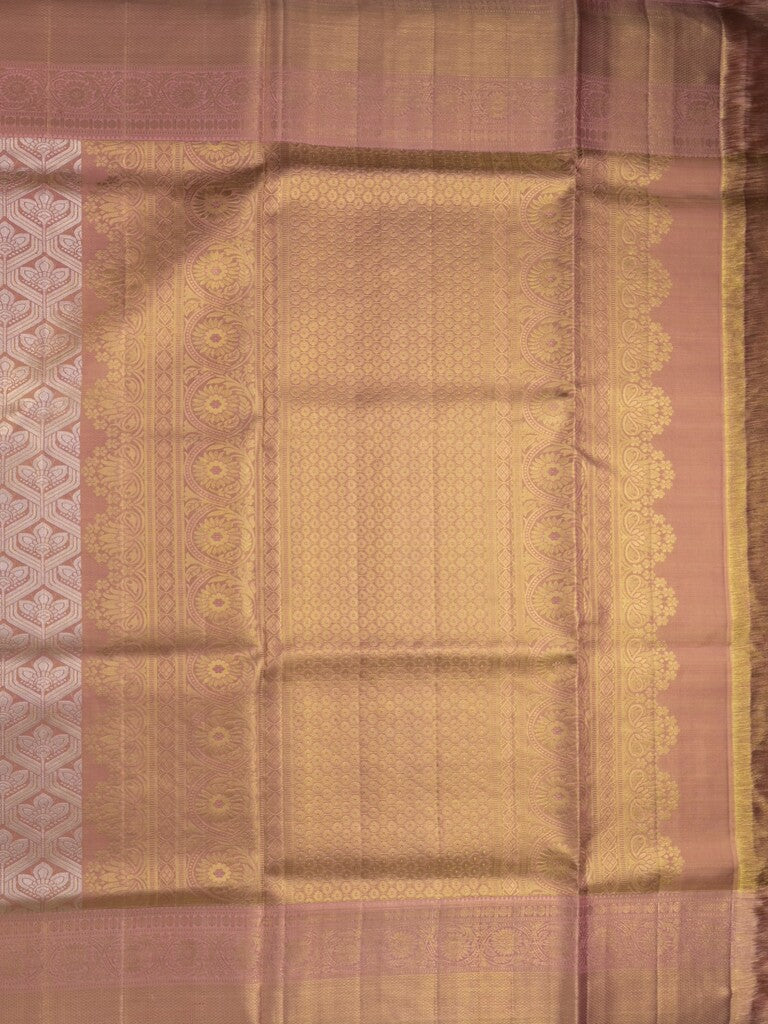 Traditional bridal kanchi tissue pattu saree in peach color with allover rich zari weaves