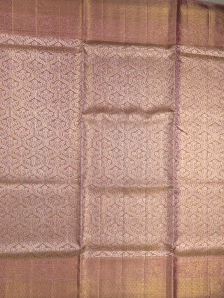 Traditional bridal kanchi tissue pattu saree in peach color with allover rich zari weaves
