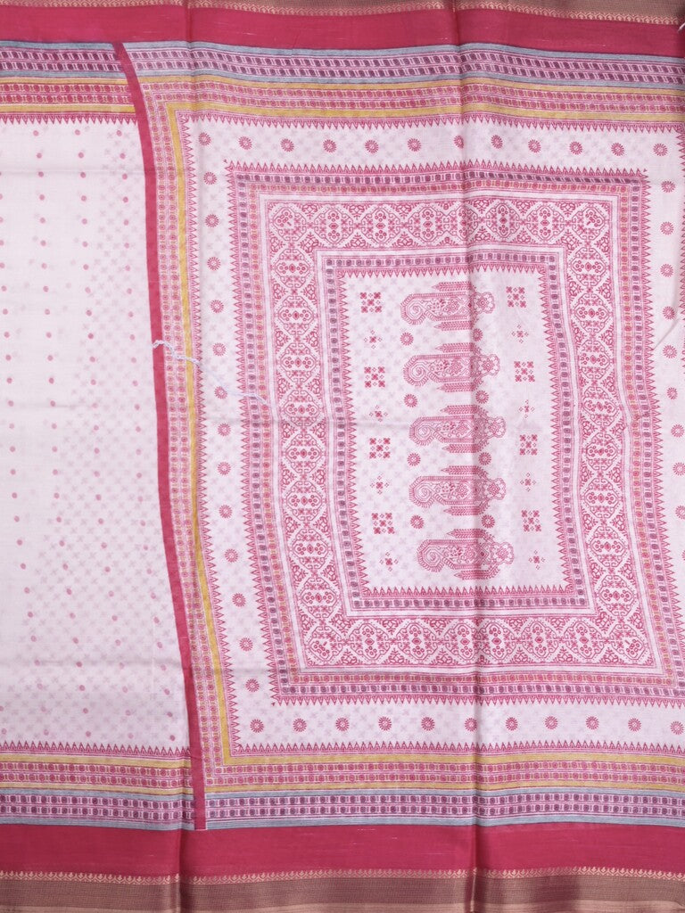 Kota fancy fancy saree white & pink color allover prints & zari border with printed pallu and printed blouse
