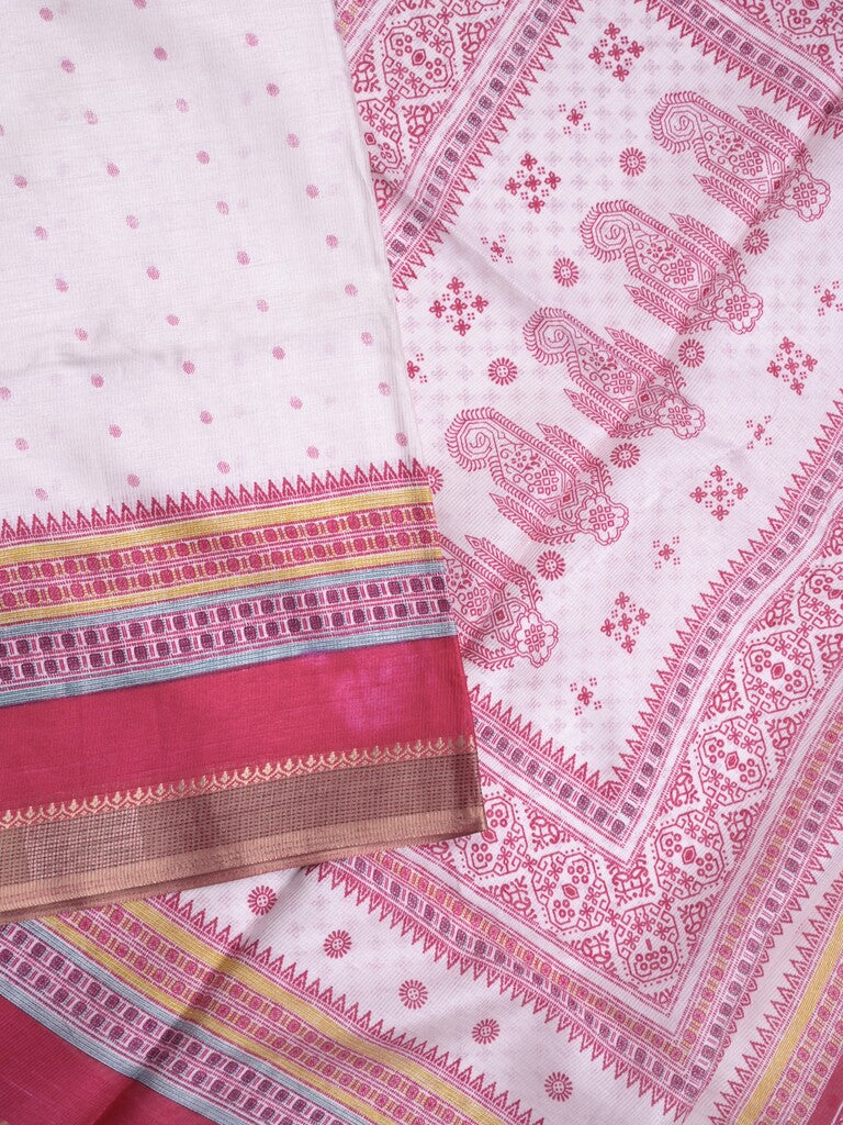 Kota fancy fancy saree white & pink color allover prints & zari border with printed pallu and printed blouse