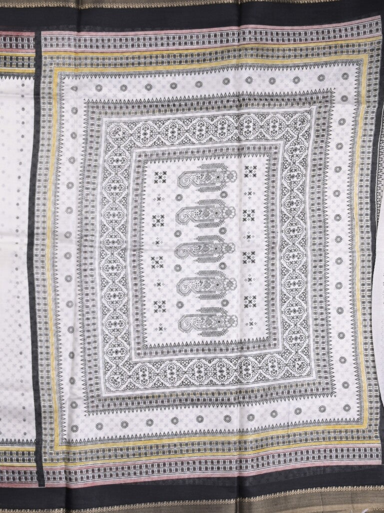 Kota fancy fancy saree white & black color allover prints & zari border with printed pallu and printed blouse