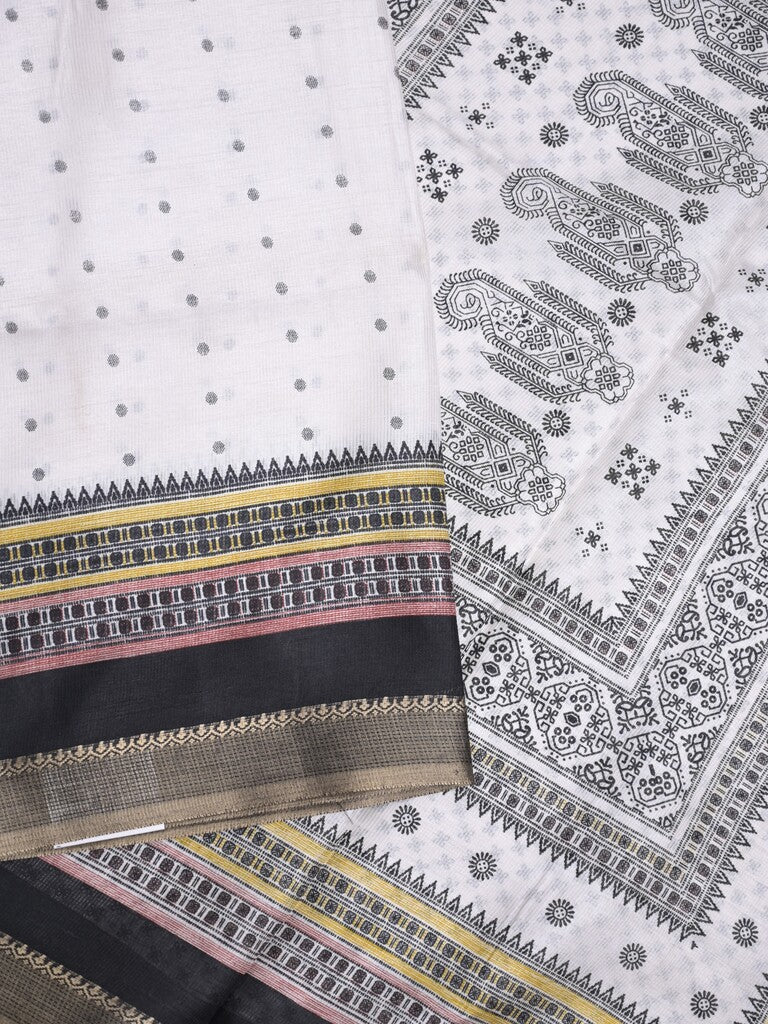Kota fancy fancy saree white & black color allover prints & zari border with printed pallu and printed blouse