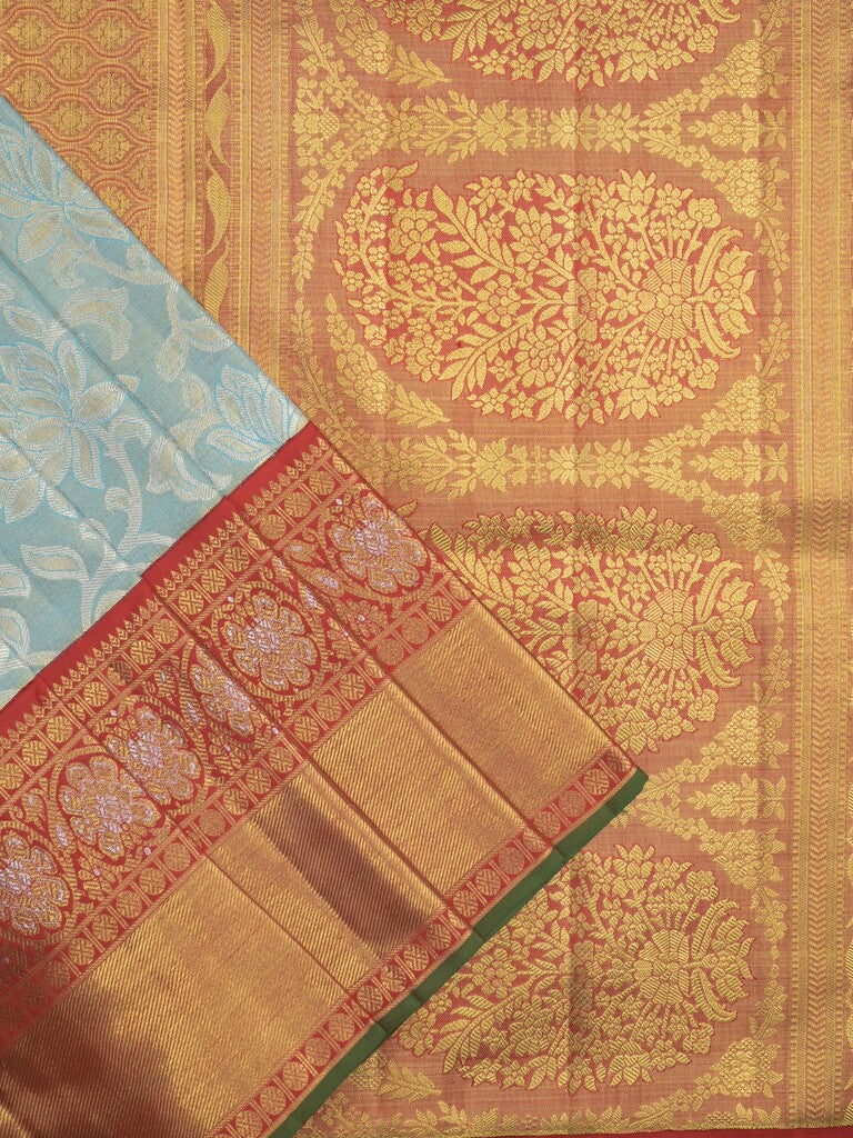 Traditional bridal kanchi tissue pattu saree in blue color with allover rich zari weaves