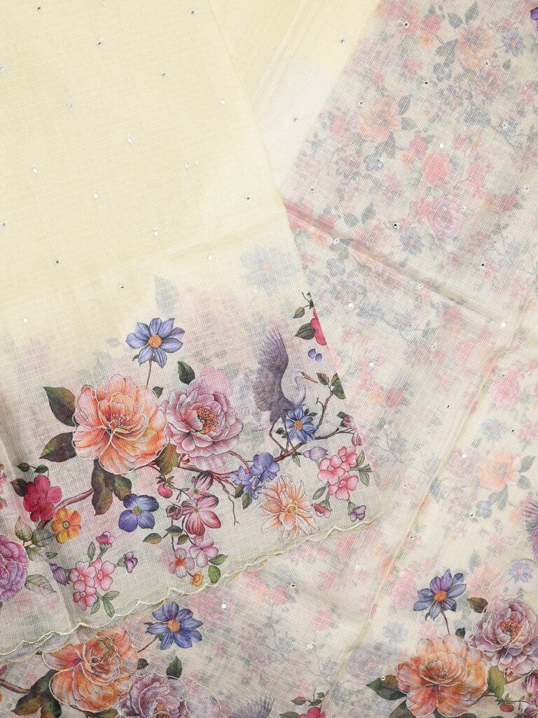 Silk kota fancy saree cream color allover mirror work & sequence cutwork border with running pallu and printed blouse