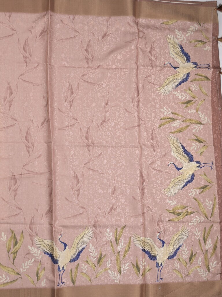 Dola silk fancy saree light peach color allover prints & kaddi border with self pallu and contrast blouse
