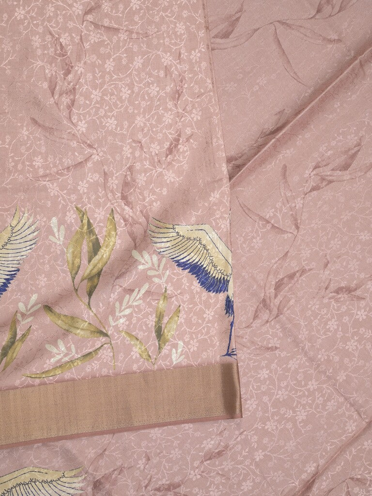 Dola silk fancy saree light peach color allover prints & kaddi border with self pallu and contrast blouse