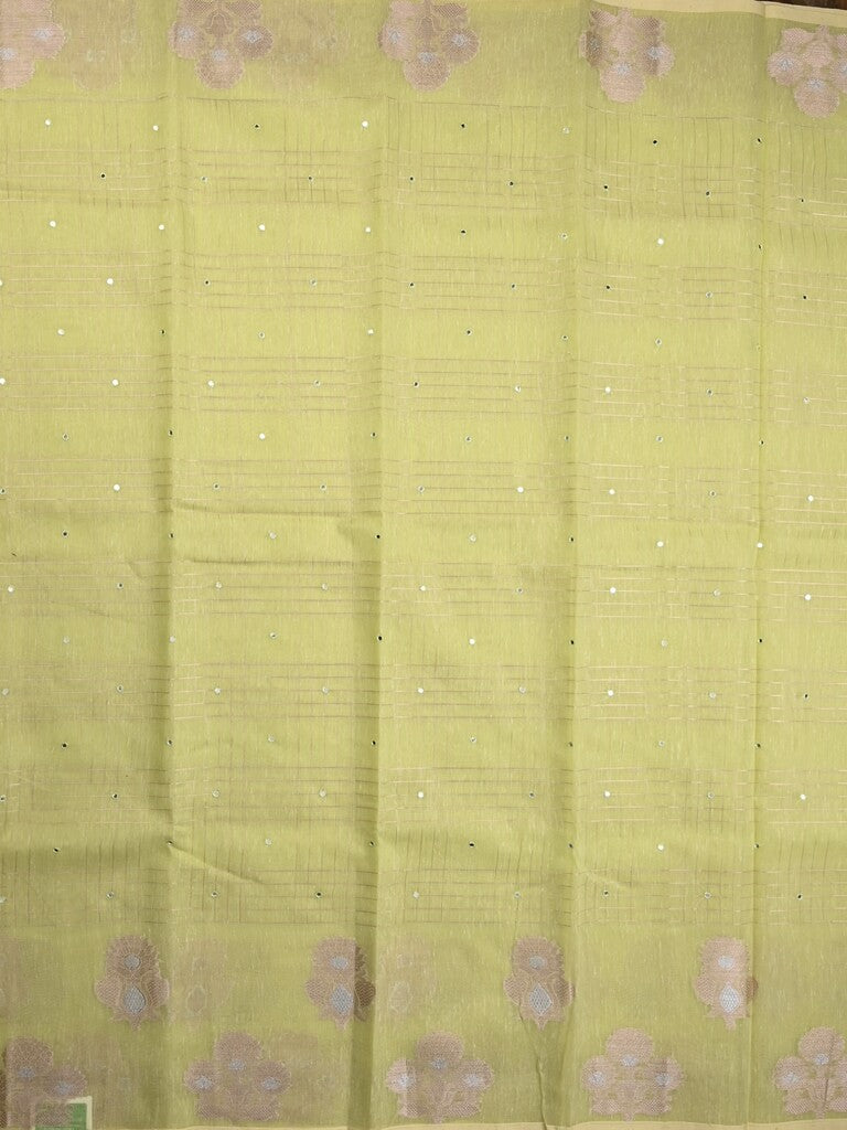 Chanderi fancy saree light green color allover mirror work & zari border with short pallu and self blouse