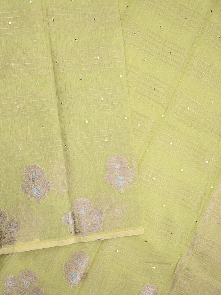 Chanderi fancy saree light green color allover mirror work & zari border with short pallu and self blouse