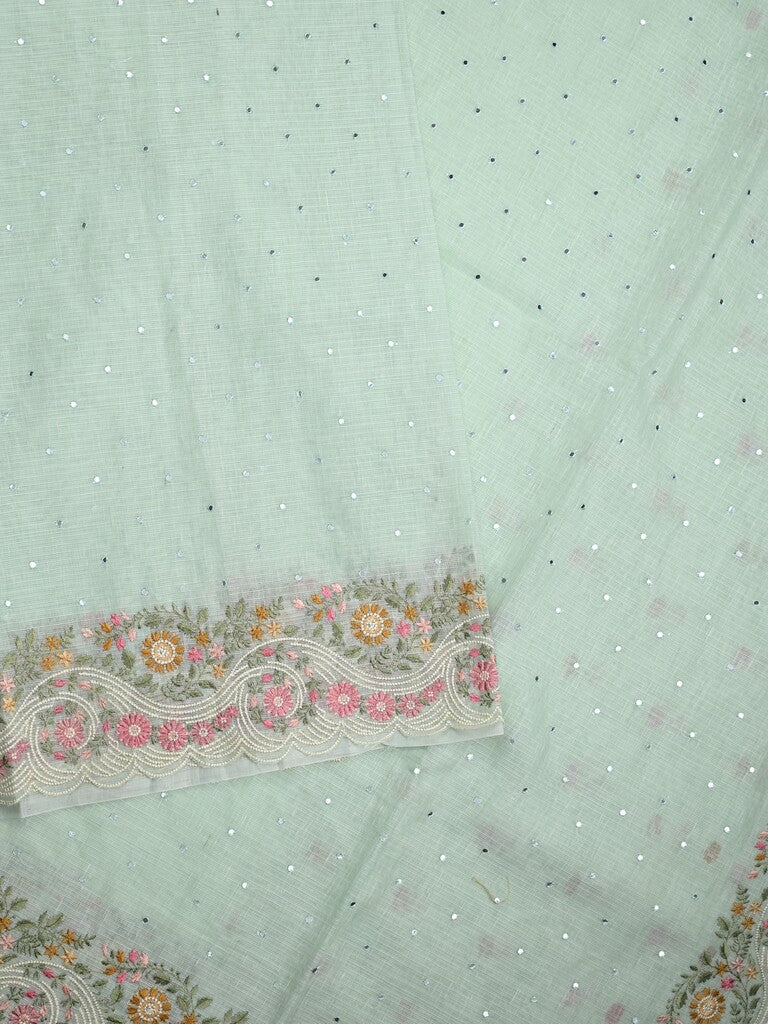 Chanderi fancy saree light lux green color allover mirror work & embroidery cutwork border with running pallu and attached blouse