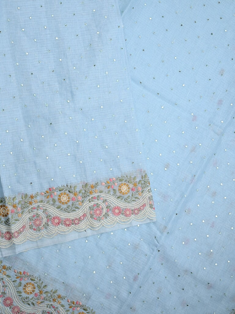 Chanderi fancy saree sky blue color allover mirror work & embroidery cutwork border with running pallu and attached blouse