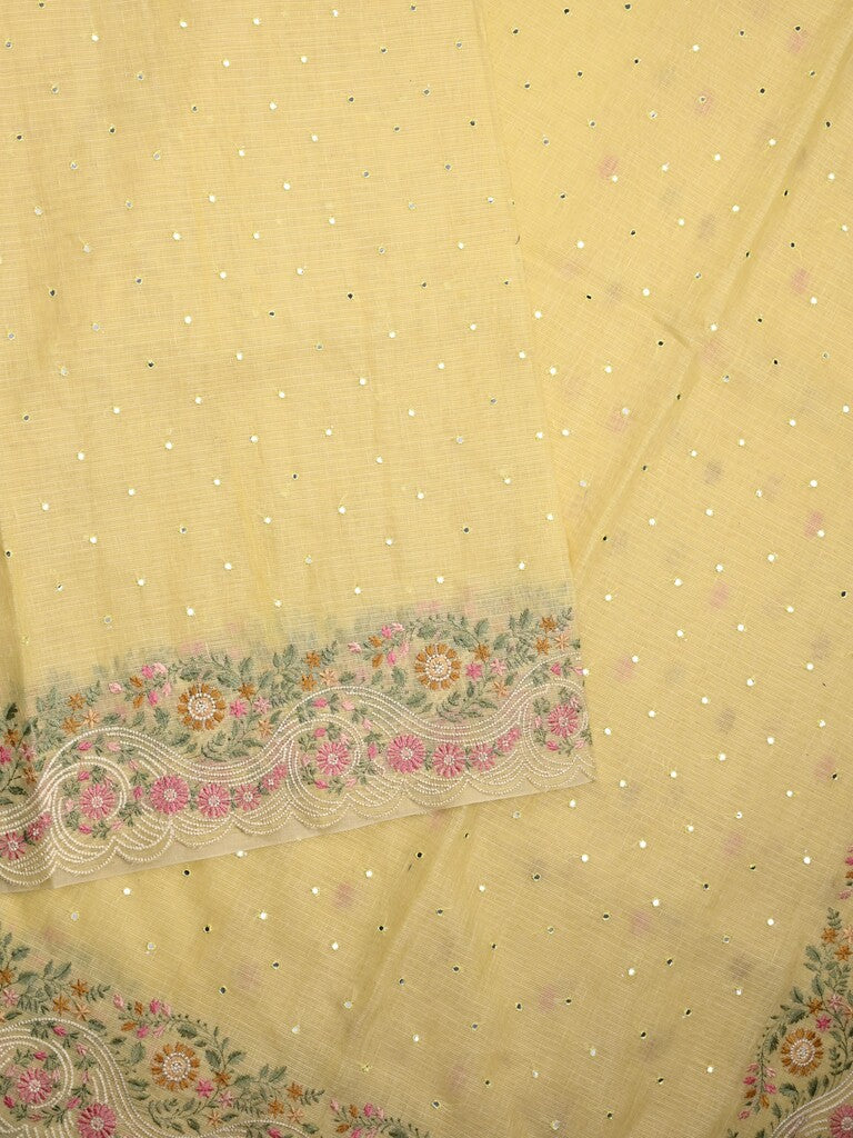 Chanderi fancy saree light yellow color allover mirror work & embroidery cutwork border with running pallu and attached blouse