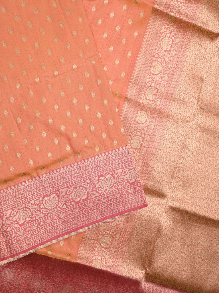 Dupion fancy saree peach color allover zari motifs & zari border with rich pallu and plain blouse