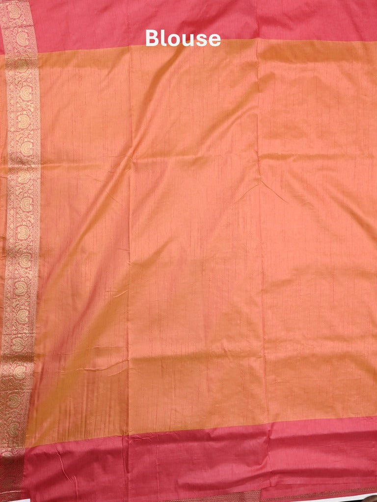 Dupion fancy saree peach color allover zari motifs & zari border with rich pallu and plain blouse