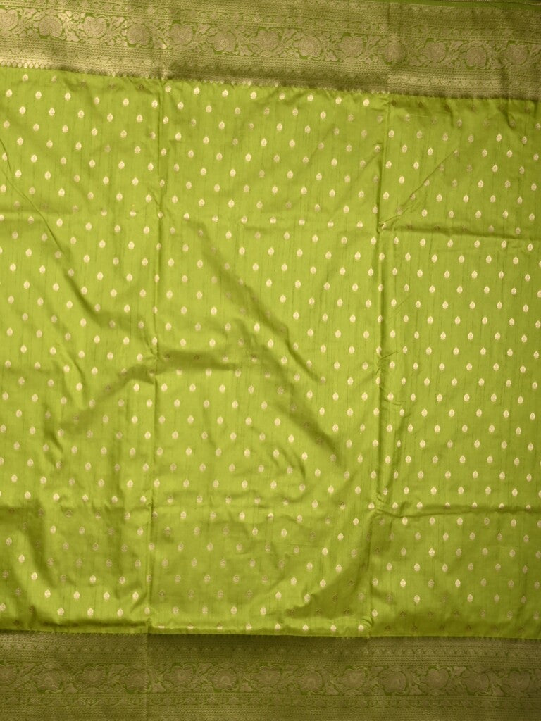 Dupion fancy saree parrot green color allover zari motifs & zari border with rich pallu and plain blouse