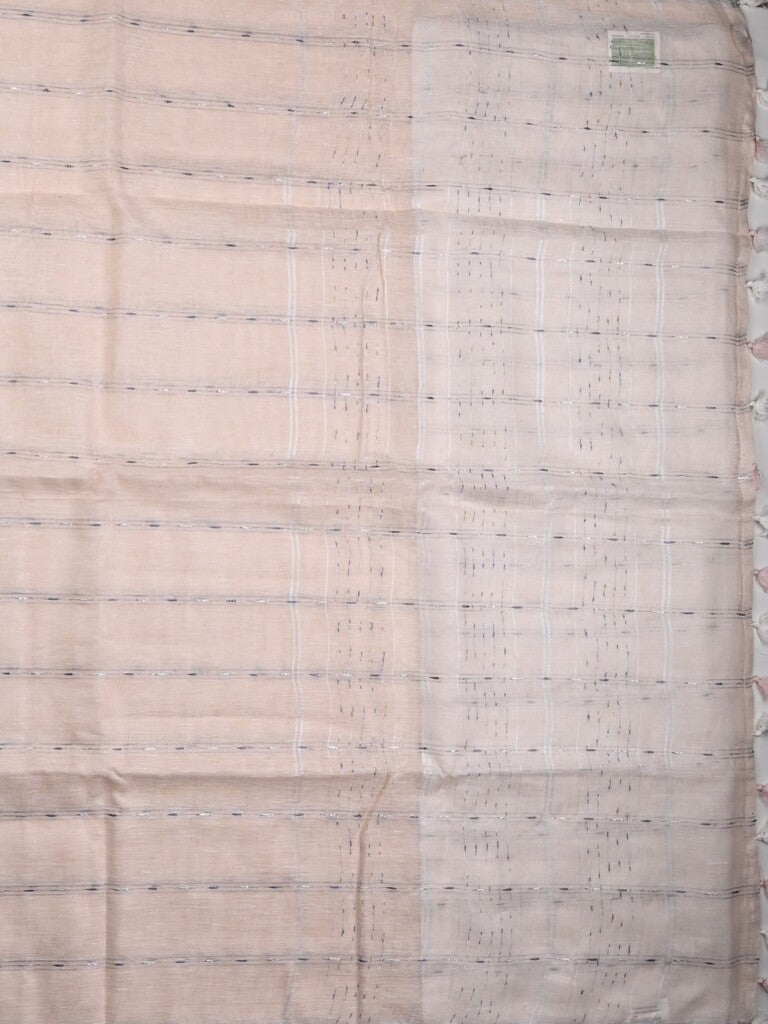 Jute lenin fancy saree pastel pink color allover stripes with stripes pallu and attached self blouse