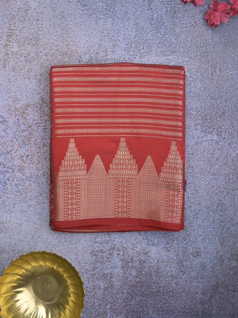Banaras fancy saree red color allover stripes & zari border with zari pallu and attached plain blouse