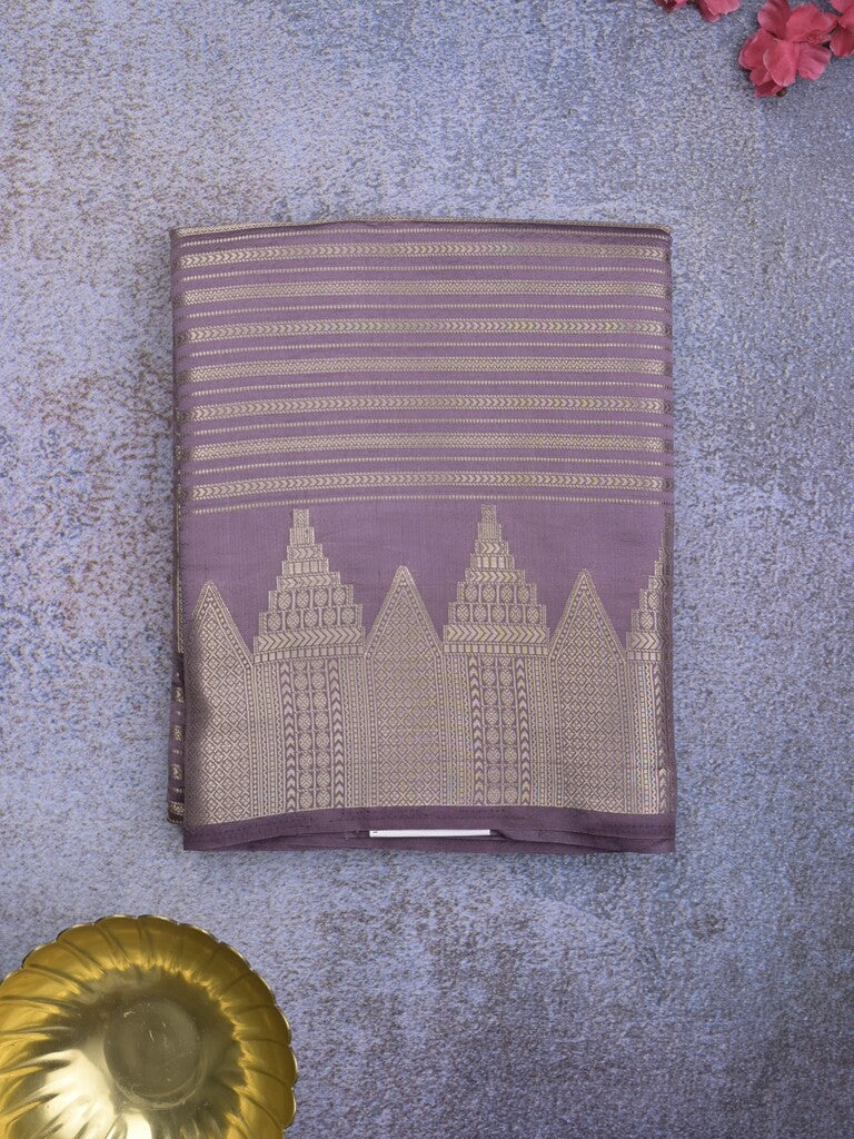 Banaras fancy saree light purple color allover stripes & zari border with zari pallu and attached plain blouse