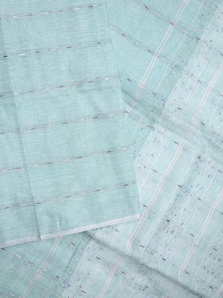 Jute lenin fancy saree pastel blue color allover stripes with stripes pallu and attached self blouse
