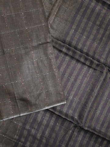 Jute lenin fancy saree grey color allover stripes with stripes pallu and attached self blouse