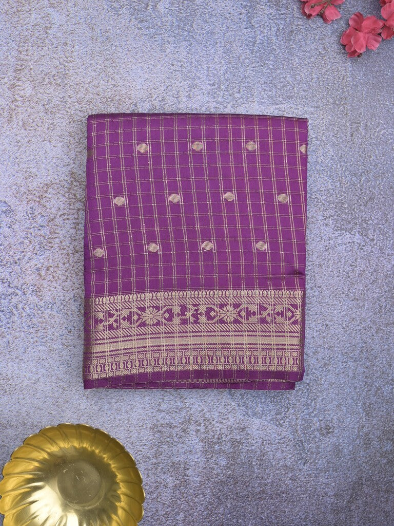 Dupion fancy saree purple color allover zari motifs & zari border with short zari pallu and contrast plain blouse