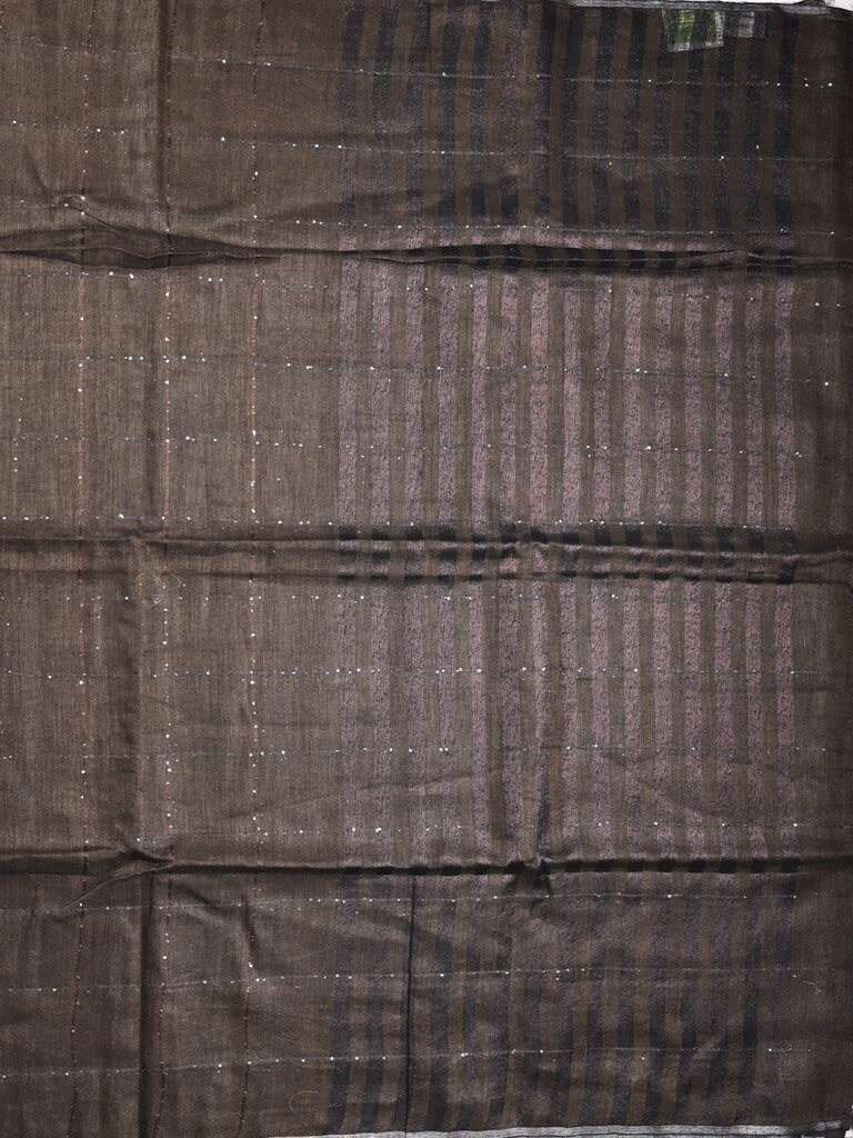 Jute lenin fancy saree brownish grey color allover stripes with stripes pallu and attached self blouse
