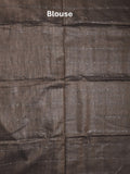 Jute lenin fancy saree brownish grey color allover stripes with stripes pallu and attached self blouse