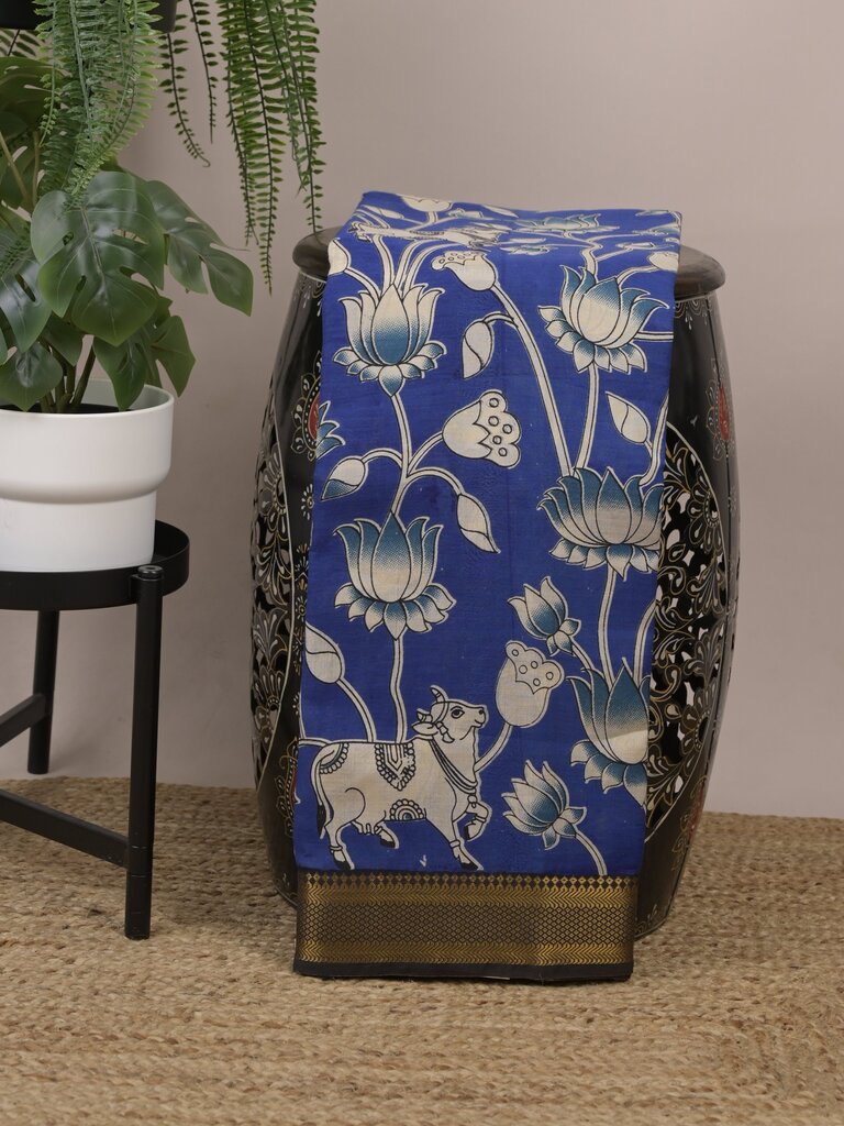 Kalamkari silk fancy saree for women | royal blue | zari border | printed blouse