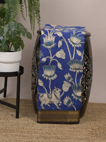 Kalamkari silk fancy saree for women | royal blue | zari border | printed blouse