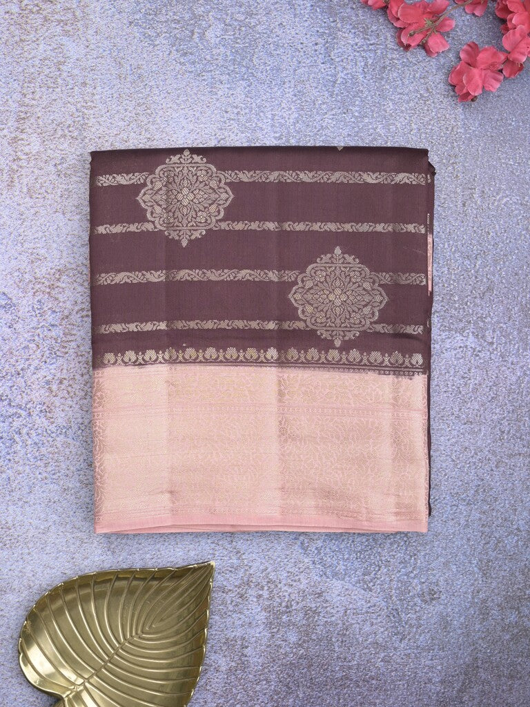 Raw mango pattu saree dark wine color allover zari weaves & zari border with rich pallu and contrast plain blouse