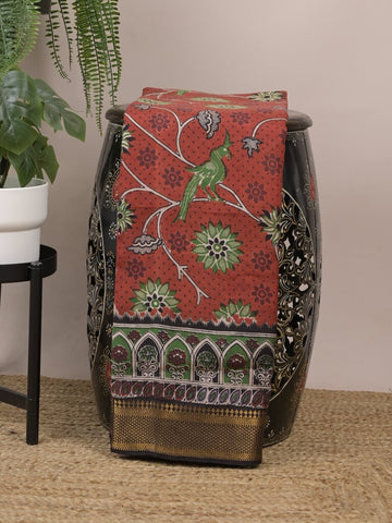 Kalamkari silk fancy saree for women | red | zari border | printed blouse