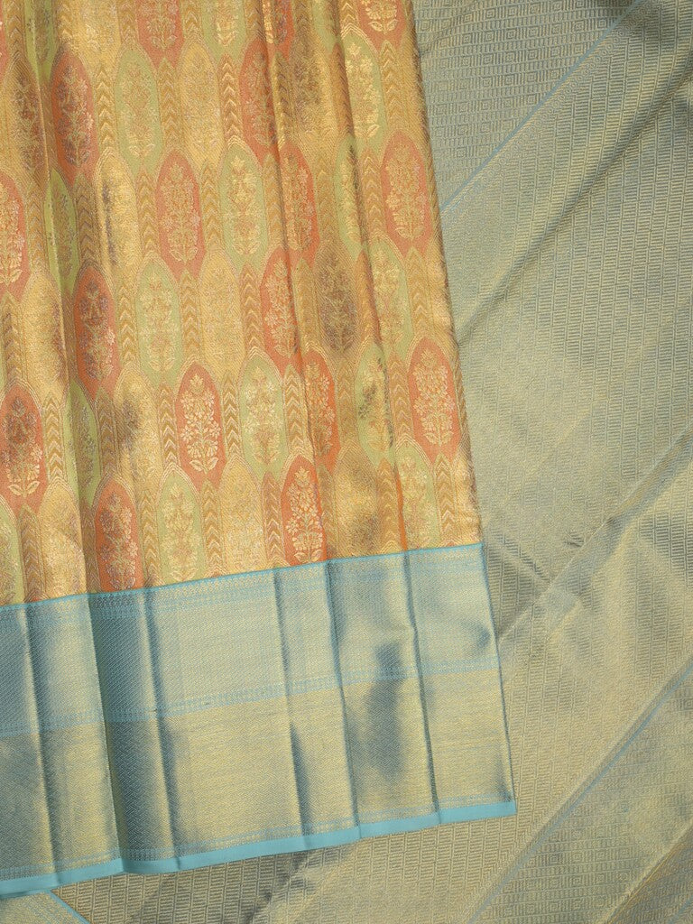 Traditional bridal kanchi tissue pattu saree in golden color with allover rich zari weaves