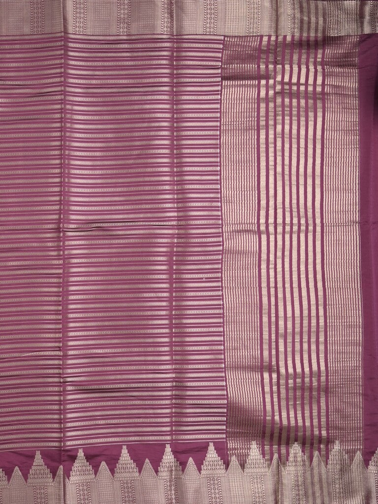 Banaras fancy saree wine color allover stripes & zari border with zari pallu and attached plain blouse