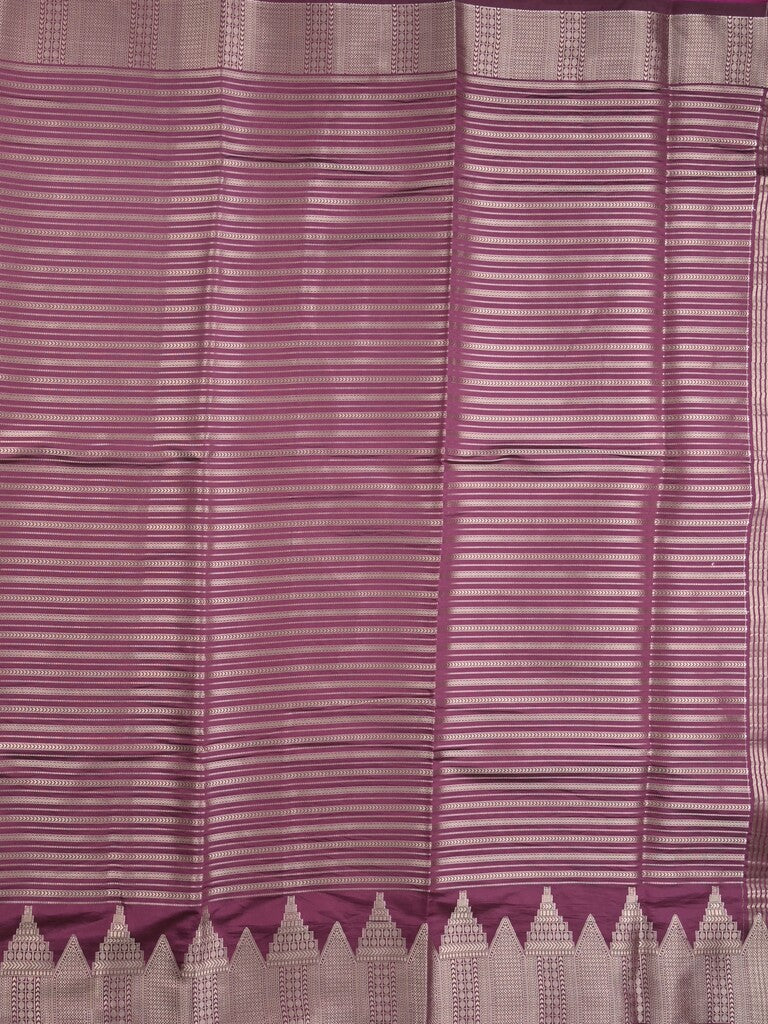 Banaras fancy saree wine color allover stripes & zari border with zari pallu and attached plain blouse