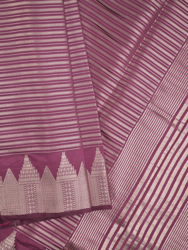 Banaras fancy saree wine color allover stripes & zari border with zari pallu and attached plain blouse