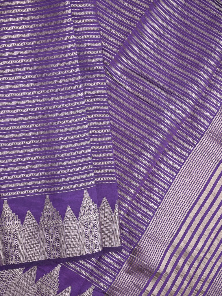 Banaras fancy saree navy blue color allover stripes & zari border with zari pallu and attached plain blouse