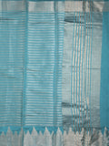 Banaras fancy saree sky blue color allover stripes & zari border with zari pallu and attached plain blouse