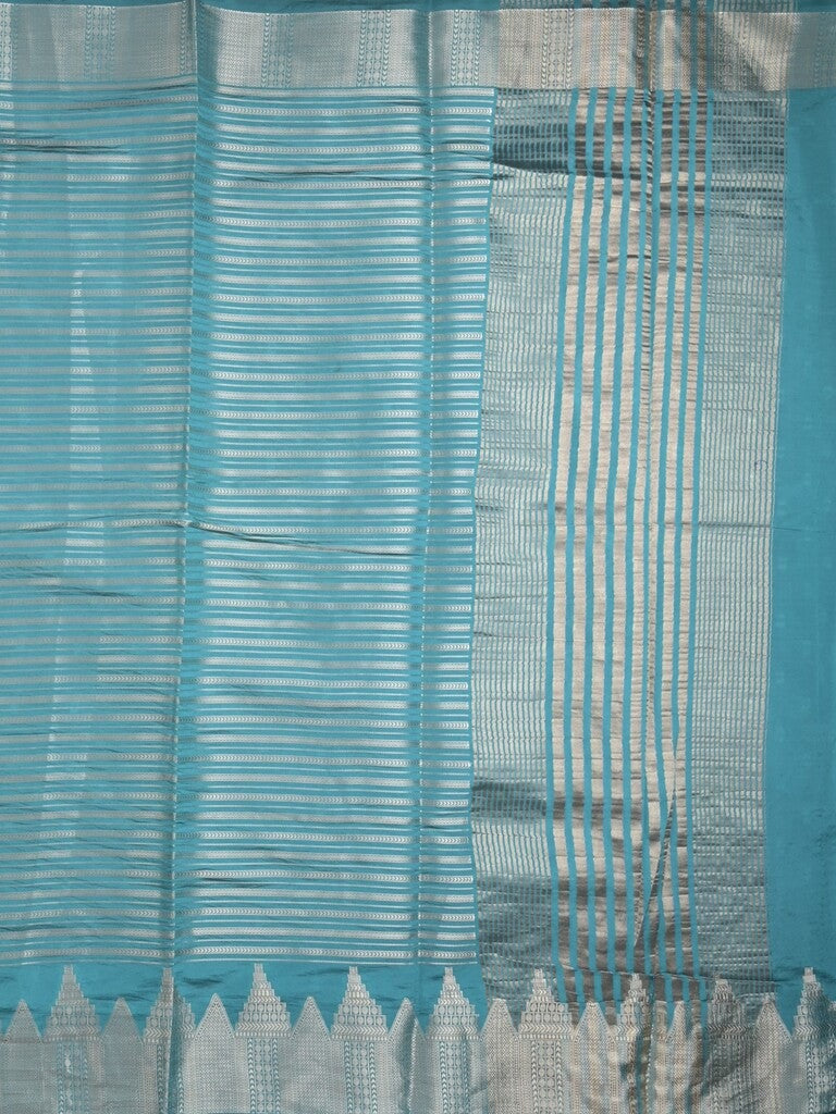 Banaras fancy saree sky blue color allover stripes & zari border with zari pallu and attached plain blouse