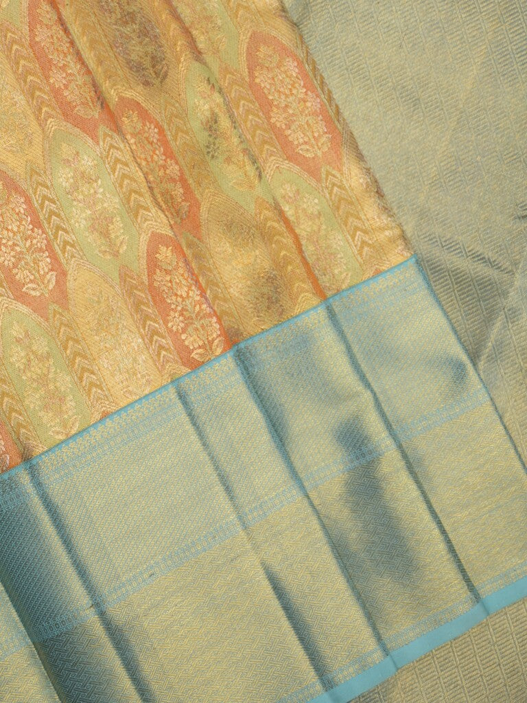 Traditional bridal kanchi tissue pattu saree in golden color with allover rich zari weaves