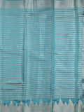 Banaras fancy saree sky blue color allover stripes & zari border with zari pallu and attached plain blouse
