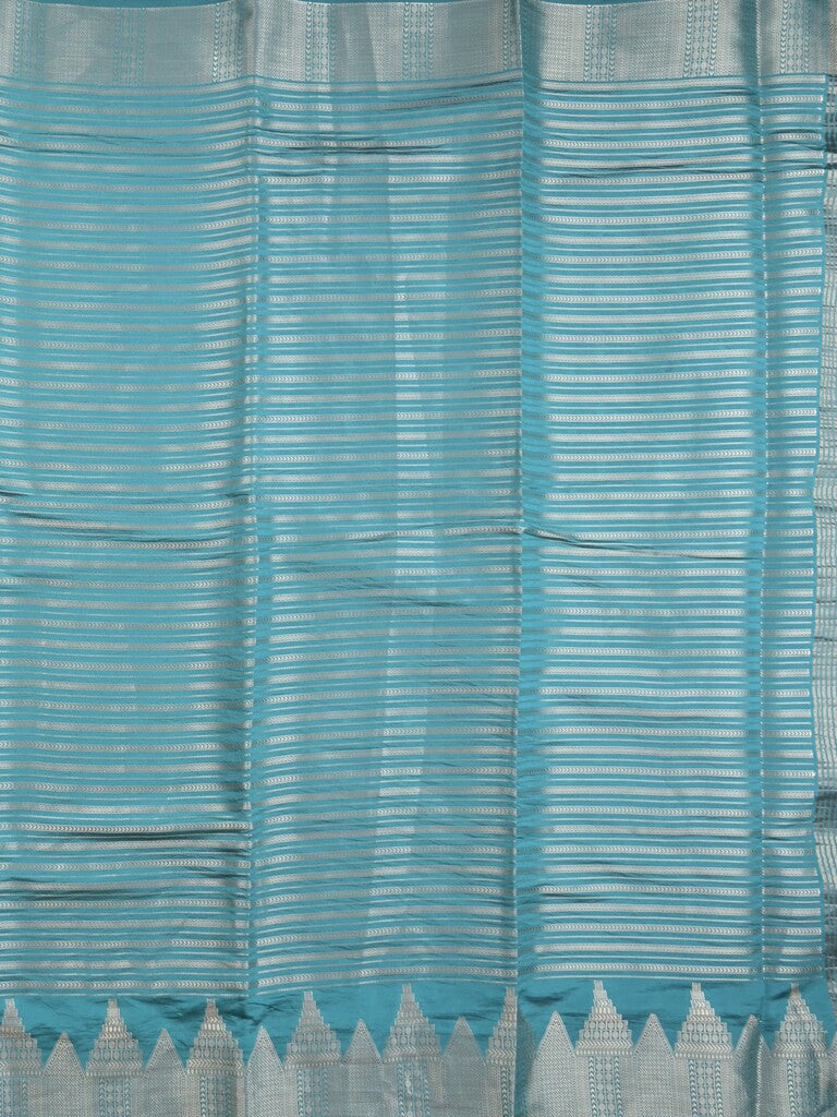 Banaras fancy saree sky blue color allover stripes & zari border with zari pallu and attached plain blouse