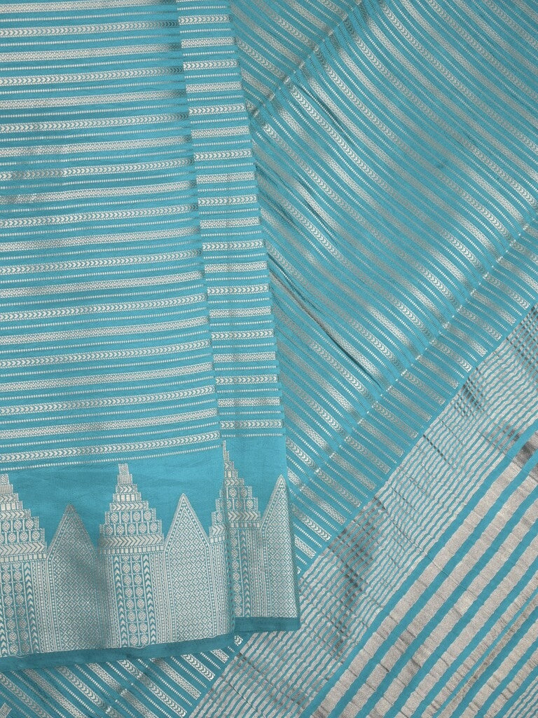 Banaras fancy saree sky blue color allover stripes & zari border with zari pallu and attached plain blouse
