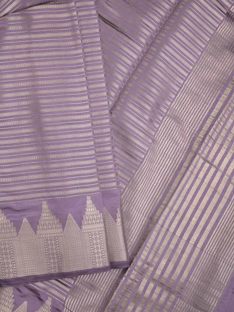 Banaras fancy saree light purple color allover stripes & zari border with zari pallu and attached plain blouse