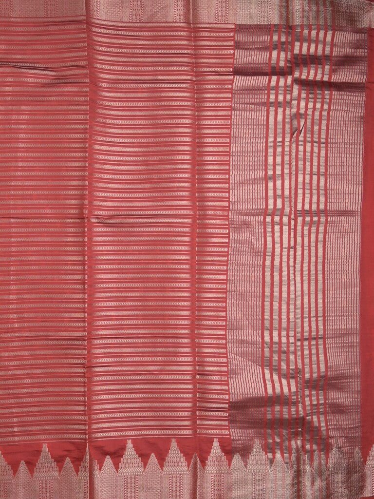 Banaras fancy saree red color allover stripes & zari border with zari pallu and attached plain blouse